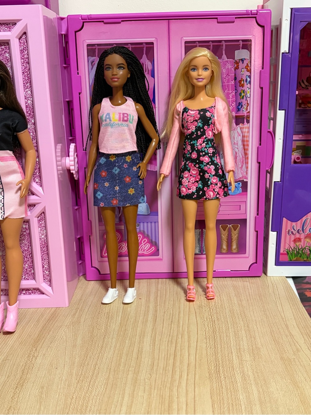 Barbie Dolls Outfit Set — Pink Floral Dress & Denim Skirt